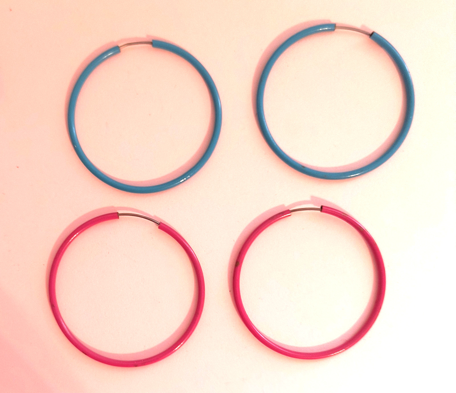 2 Pairs Hoop Metal Earrings for Pierced Ears Aqua Dark Pink 1 3/4 Inches