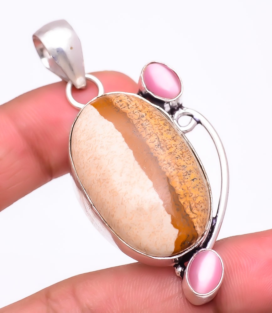 Natural Picture Jasper & Cat’S Eye 925 Silver Plated Jewelry Pendant 2.2″ M152