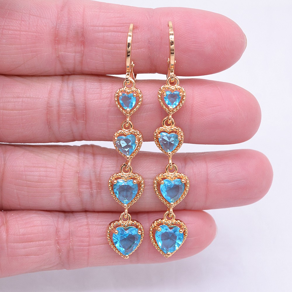 18K Yellow Gold Filled Women Lake Blue Mystic Topaz Love Hearts Drop Earrings