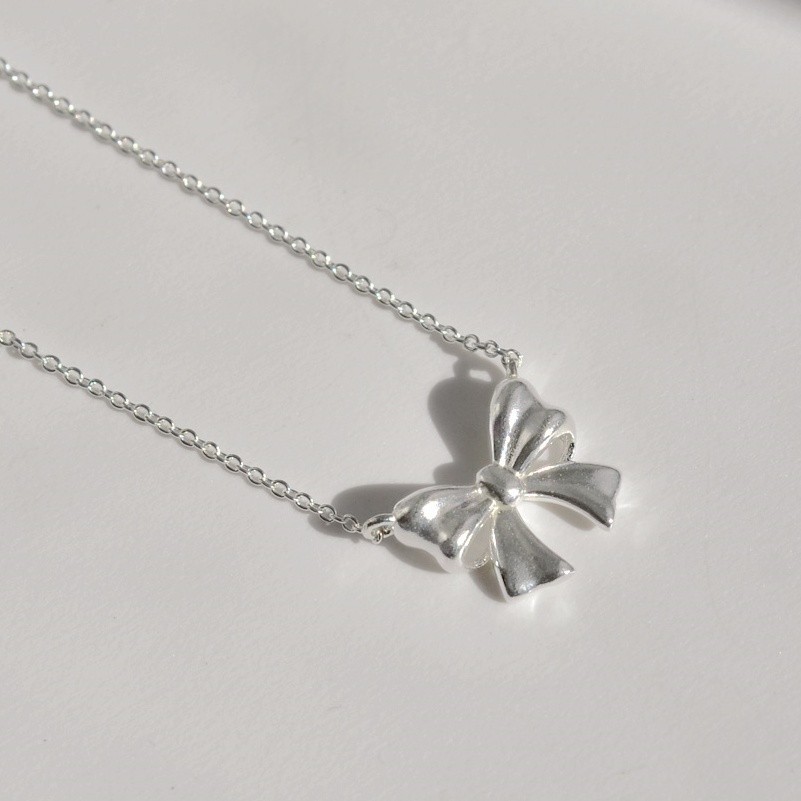 925 Sterling Silver Bow Pendant Necklace Korean Jewelry