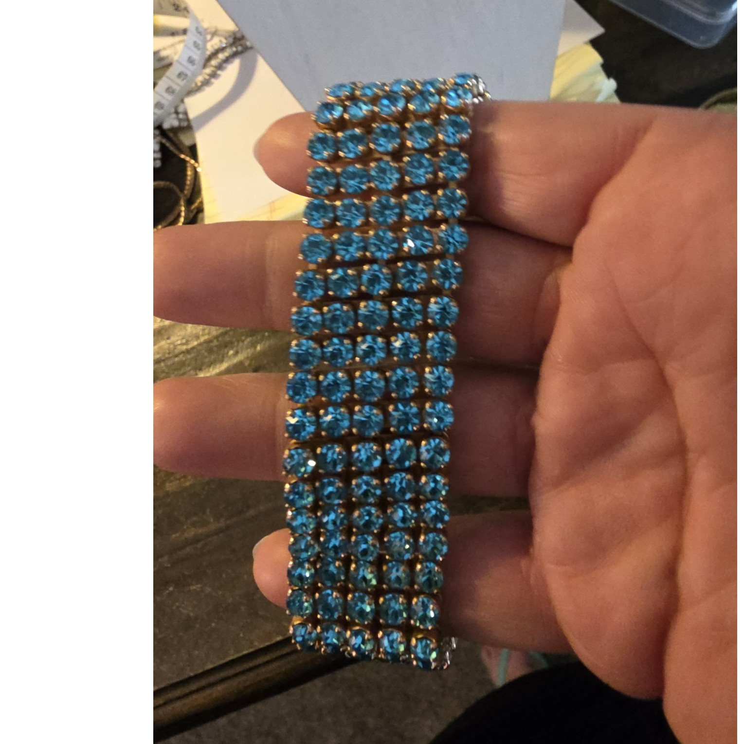 vintage blue rhinestone bracelet, heavy 7″ see pics