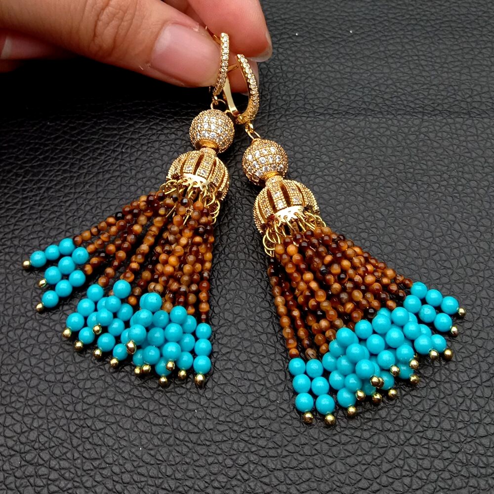 yellow Tiger Eye Blue Turquoise Cz pave Cap Leverback Earrings