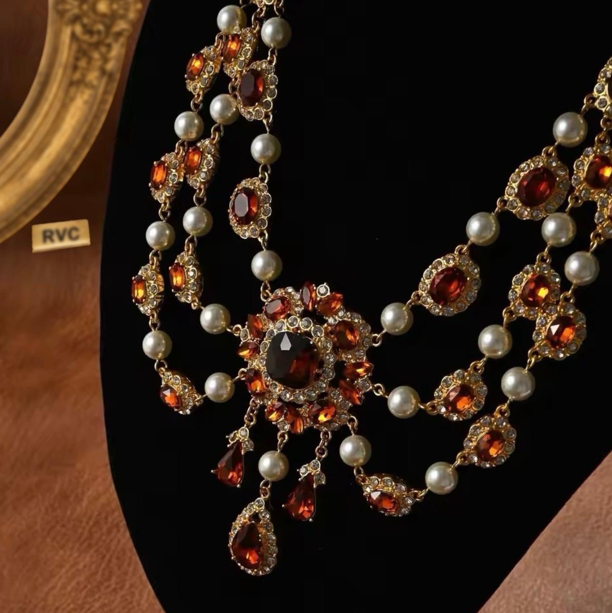 Vintage Victorian Revival Garnet Baroque Pearl Pendant Necklace & Earrings Set
