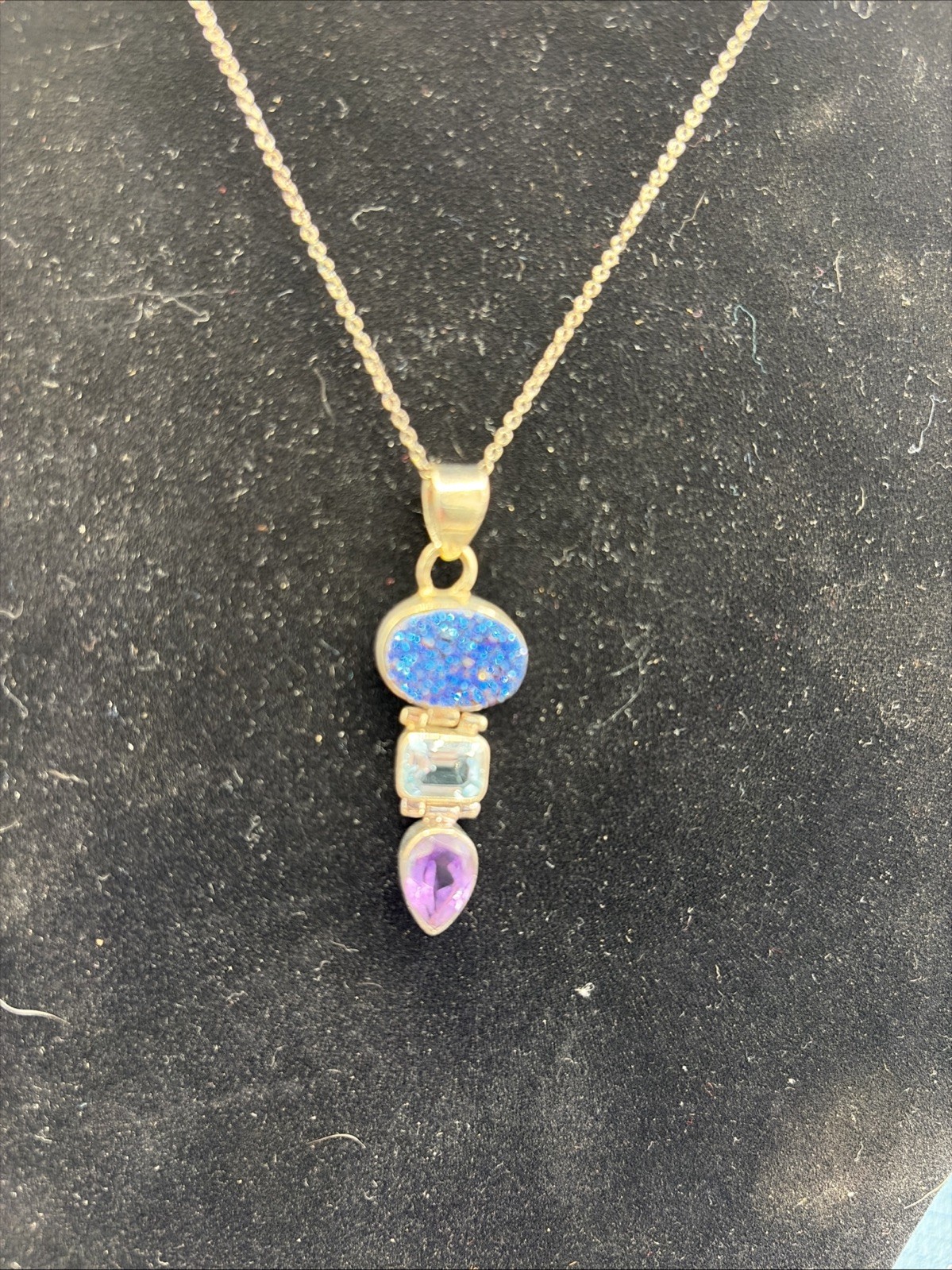 India 925 Sterling Silver Drusy Quartz Amethyst Topaz Pendant Necklace In Box