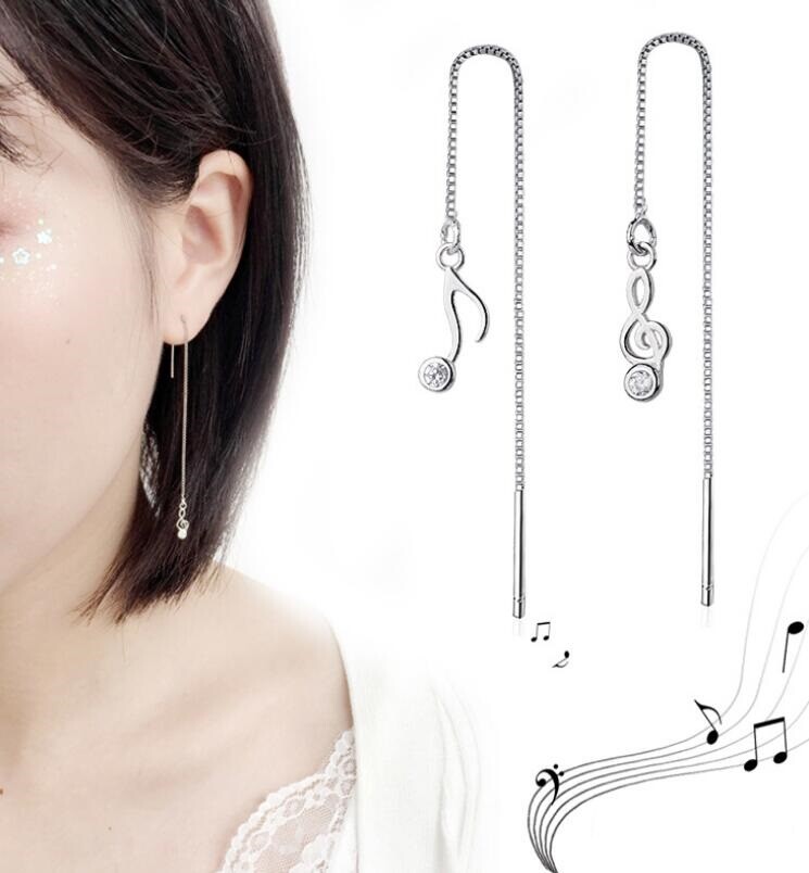 Silver Tiny Musical Note White Gold Long Chain Link Dangle Thread Earring
