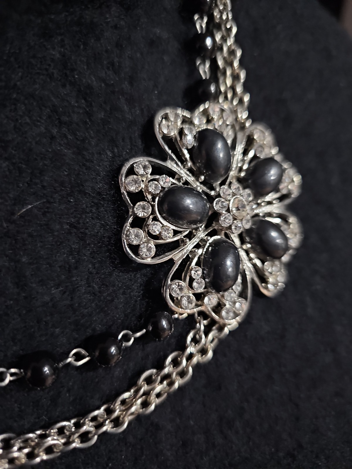 Silver Tone Black Flower Statement Necklace Layered Chain Floral Crystal Accent