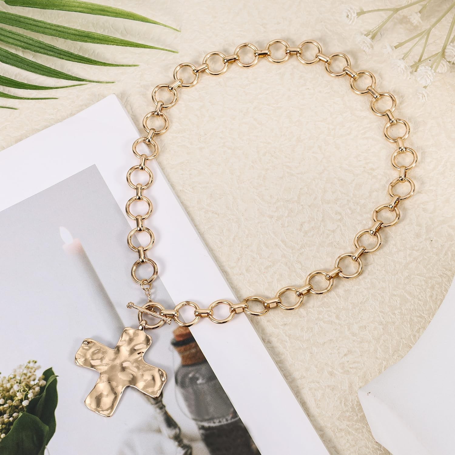 Hammered Cross Necklace, Chunky Statement Gold Cross Chain Necklace Gold Bold Cr