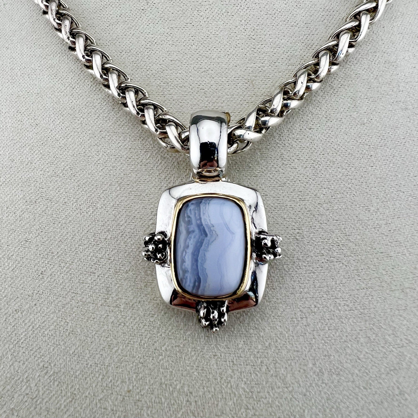 Blue Lace Agate Necklace Wheat Chain Silver Tone 18”