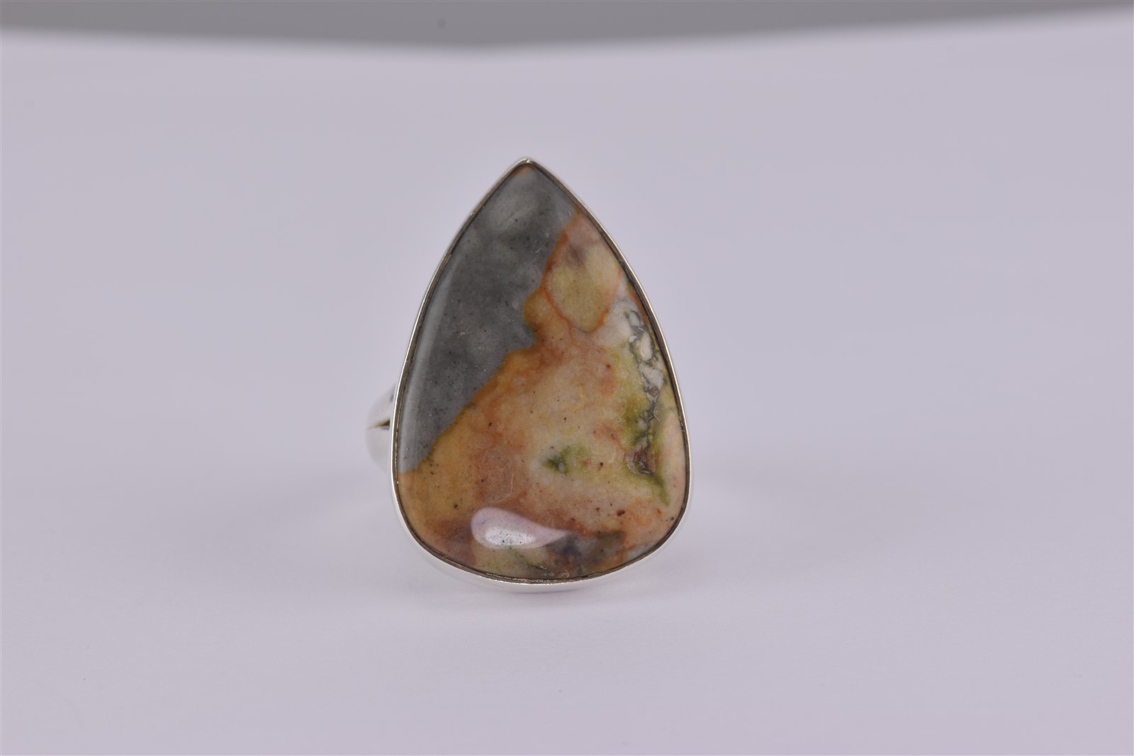 Sterling Silver Teardrop Pear Polychrome Jasper Statement Band Ring 925 Sz: 7