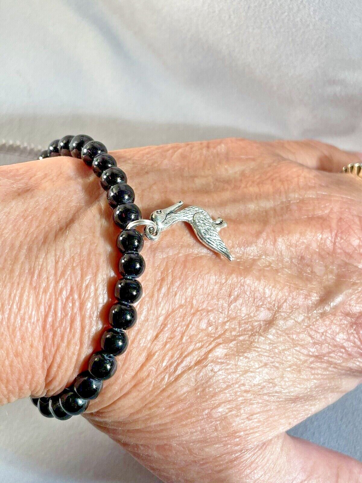 Pelican Silver charm Black Pearl Bracelet Stretch Bead Jewelry Handcrafted NEW
