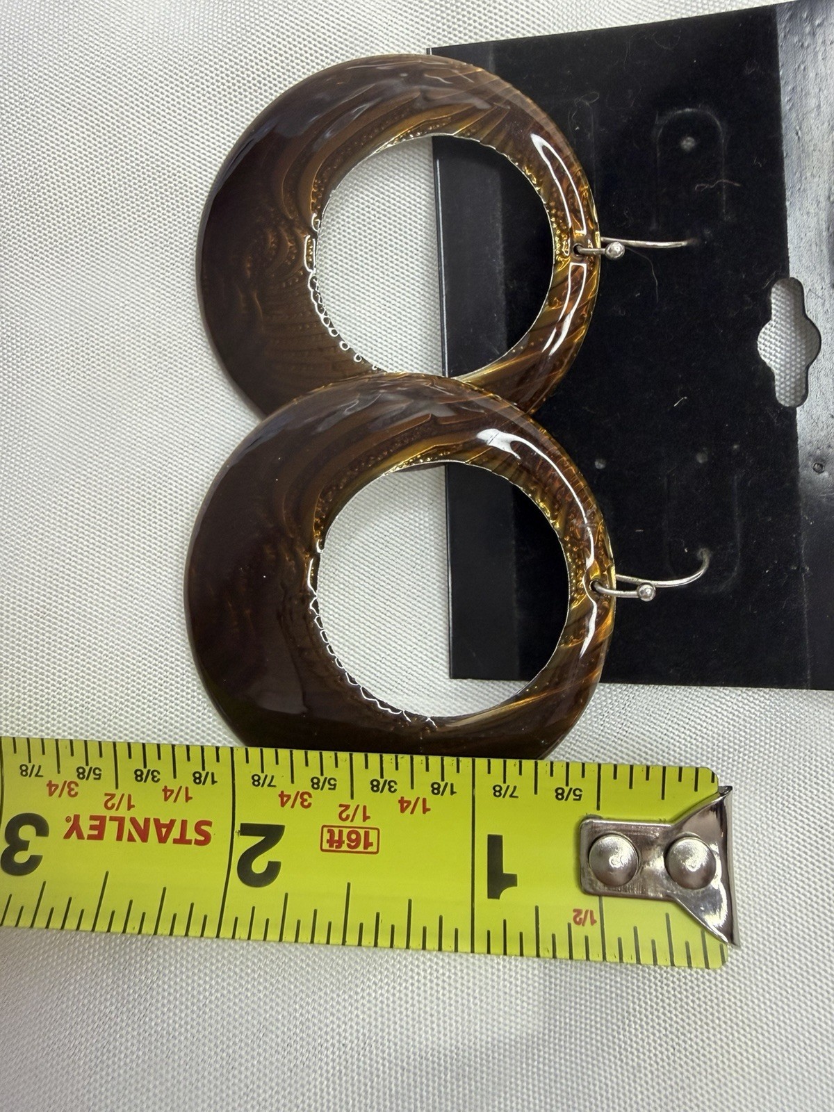 Brown Plastic Round Hoop Dangle Hook Earrings Lobe No Stone 2 in Diameter