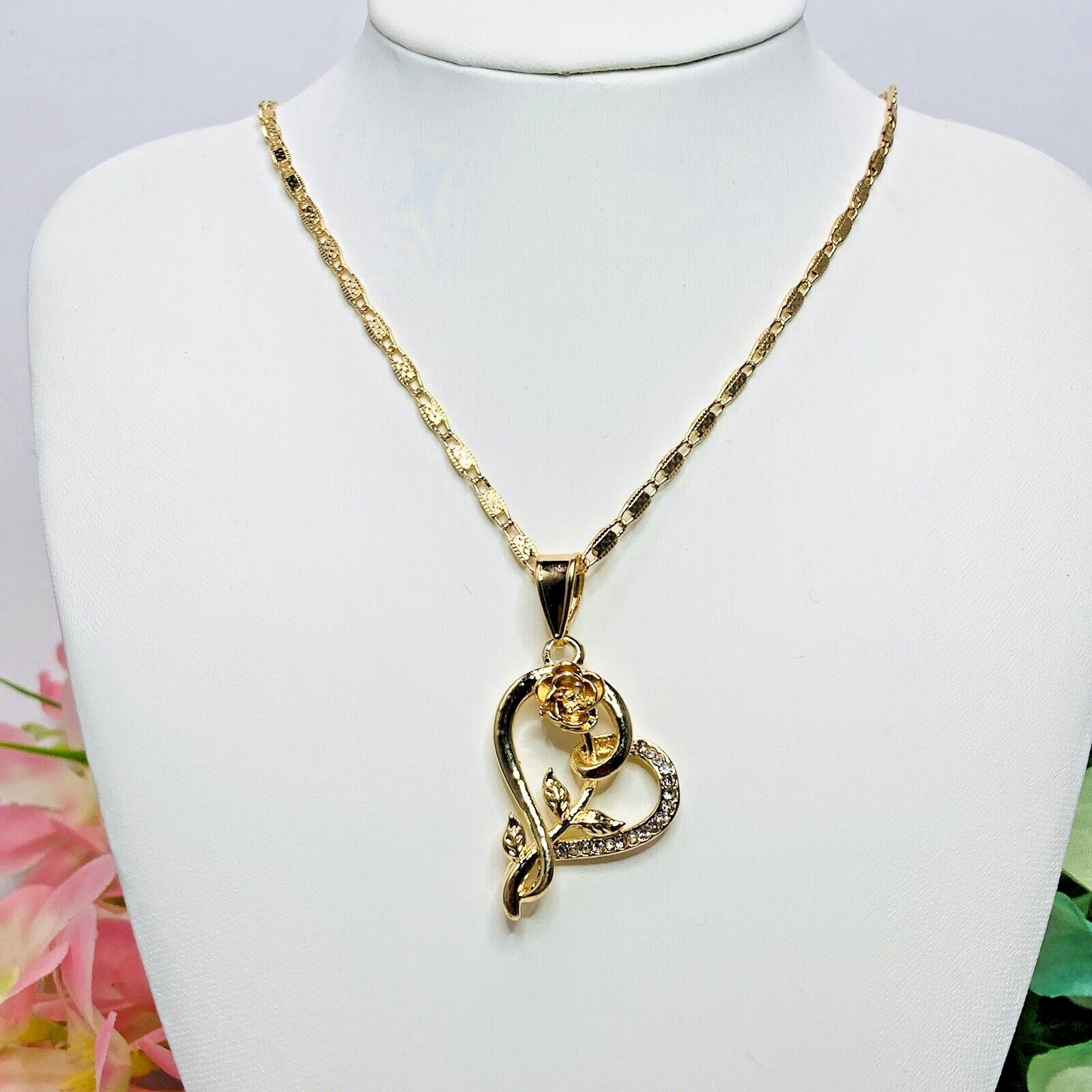 14k Gold Plated Heart Necklace Rose Flower Pendant & Chain 20″ Collar Corazon