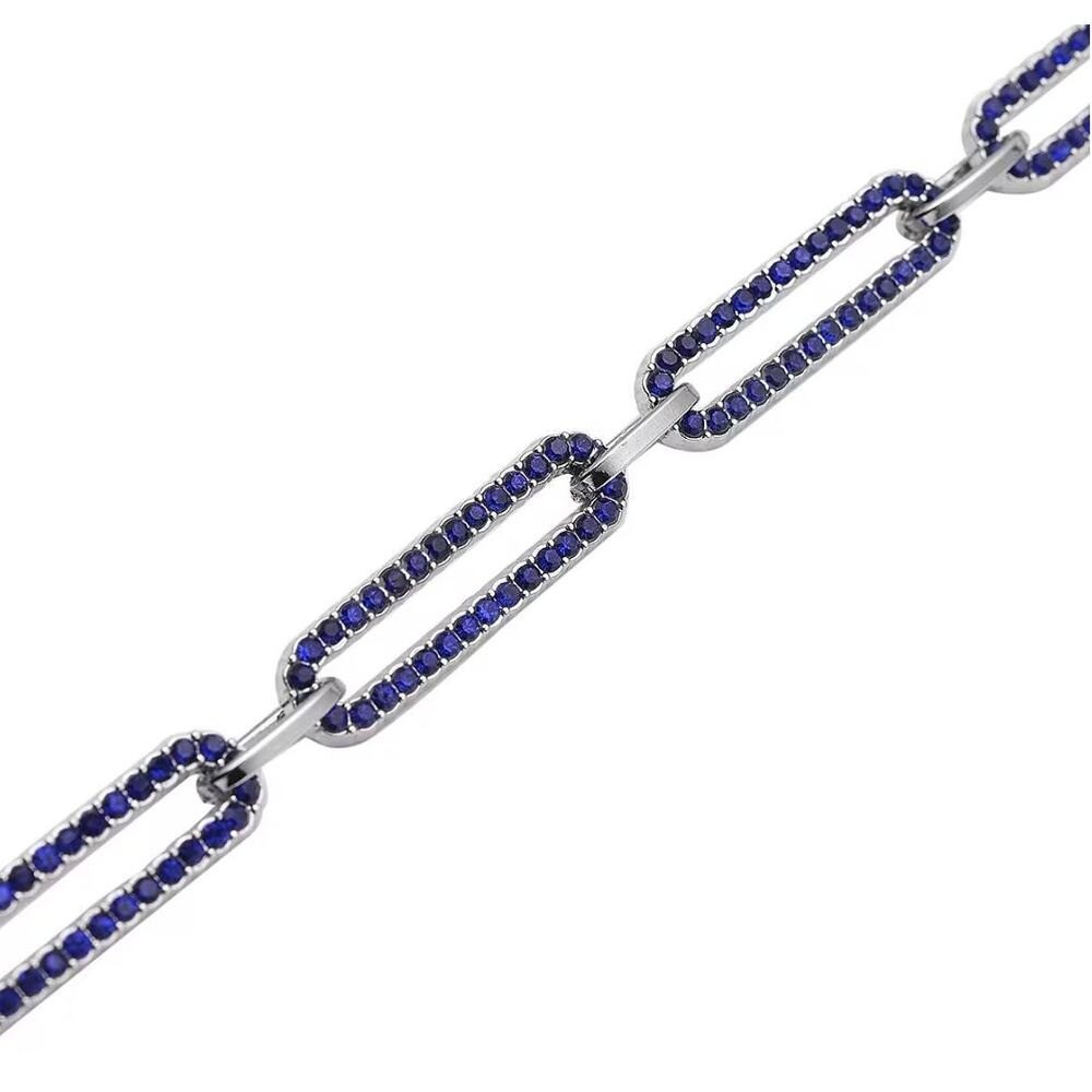 Blue Austrian Crystal Paperclip Chain Bracelet Silver Tone Adjustable 7.5-9.5″