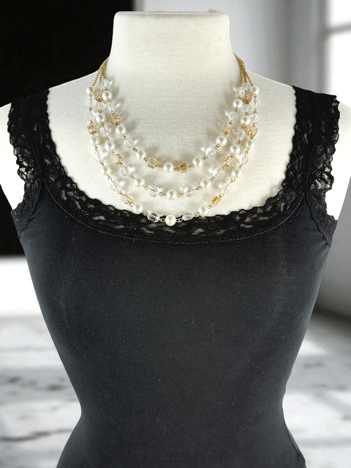 Gold Tone Layered Pearl Necklace Crystal Bead Statement Bridal Wedding