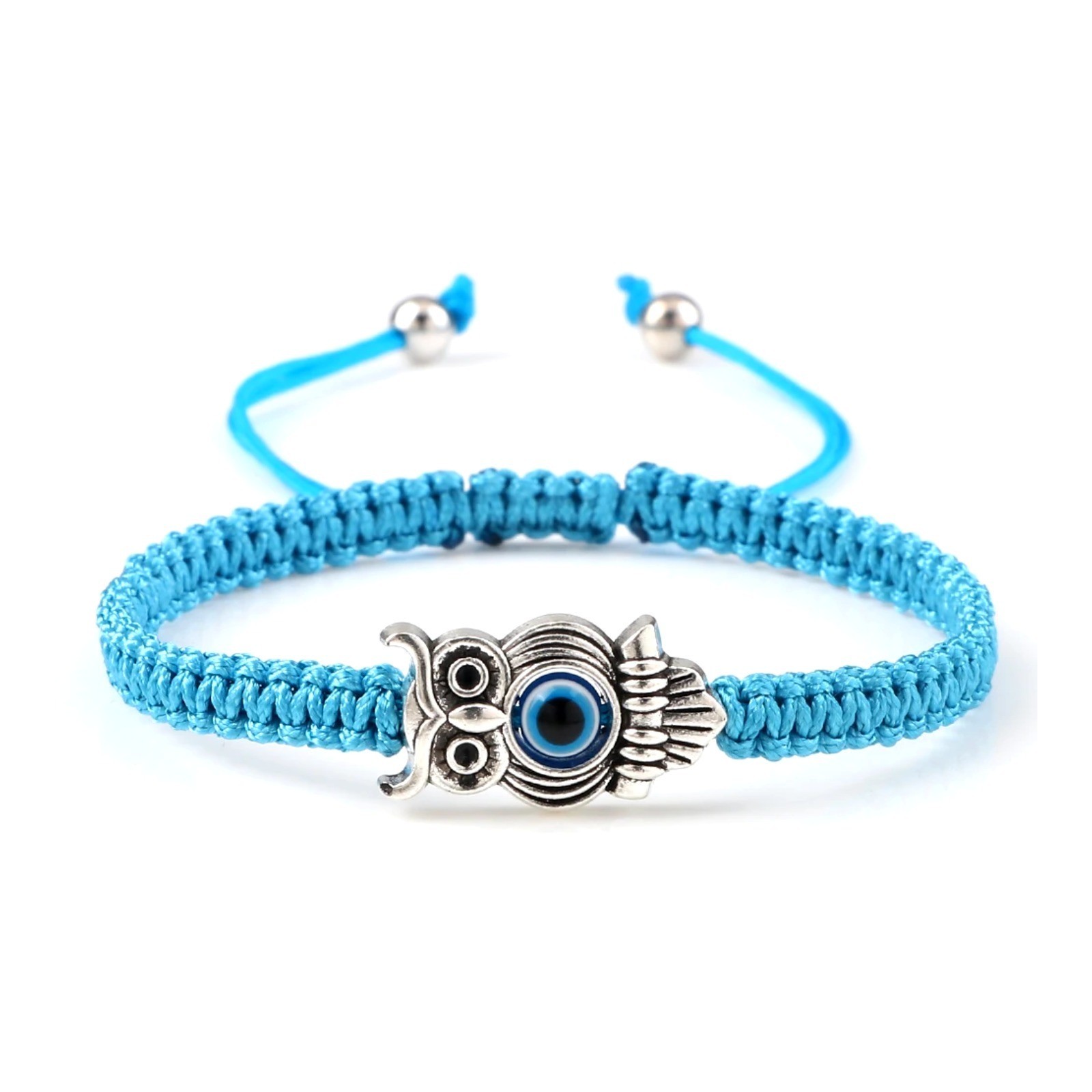 Owl Pendant Braided Cord Bracelet Blue Adjustable Unisex Gift