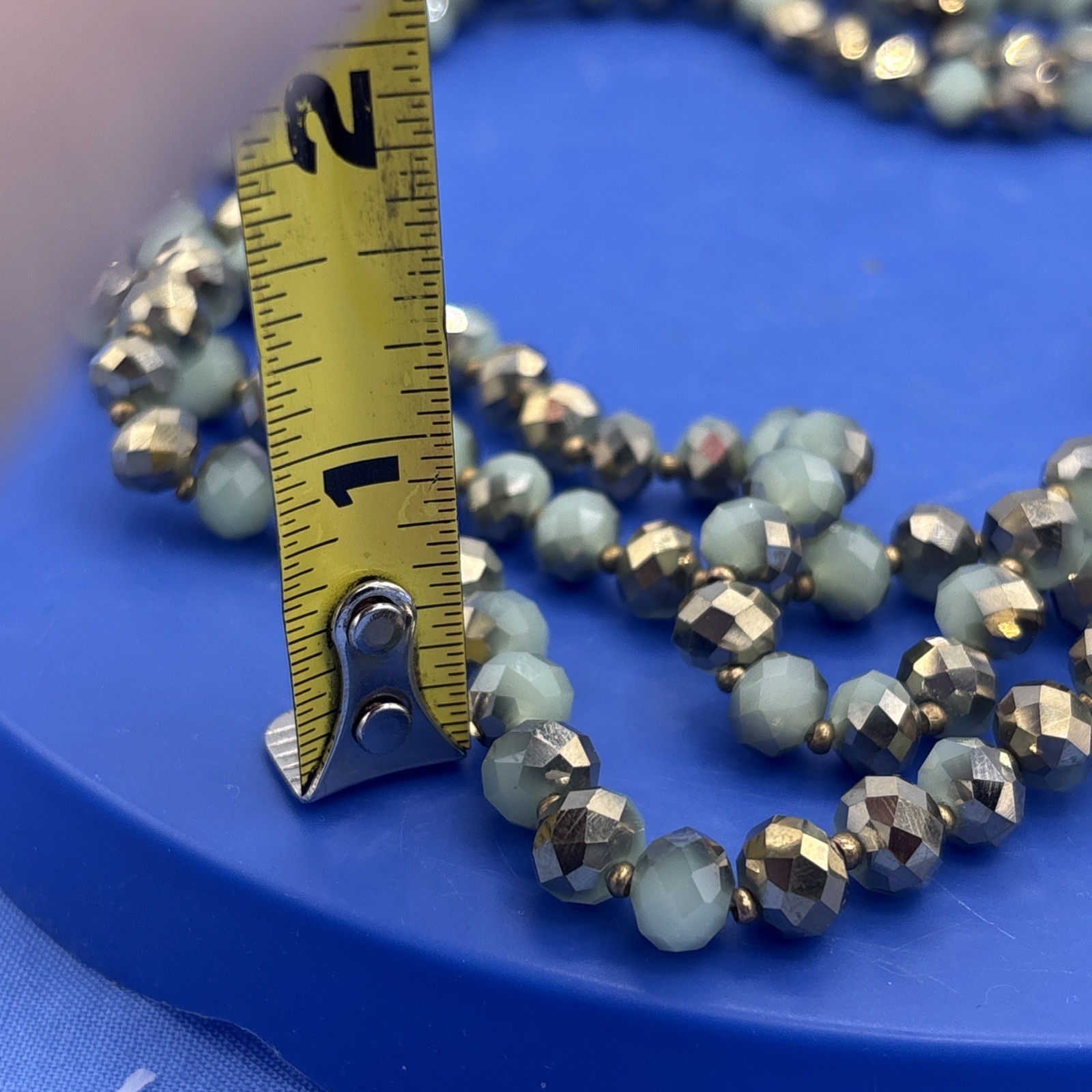 60” Faceted Glass Bead Necklace Metallic Gold Sage Green Long Wrap