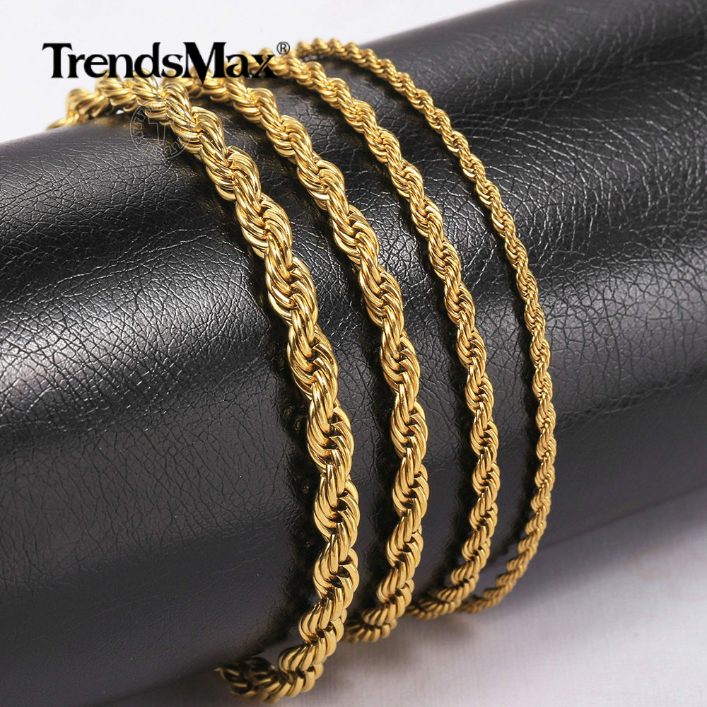 2/3/4/5MM Gold Plated Stainless Steel Rope Chain Bracelet Anklet Men Women 7-10″