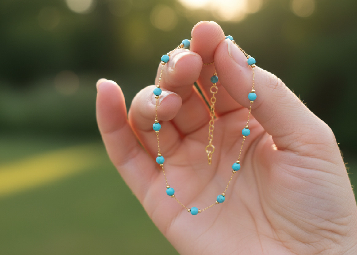 Minimalist Turquoise Beaded Bracelet 18K Gold Tone Brass Chain Bracelet