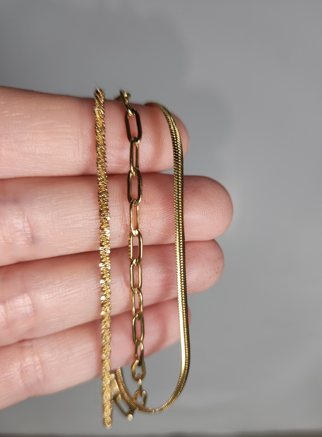 14k Gold Plated Triple Layer Chain Bracelet Paperclip Herringbone & Twisted Rope