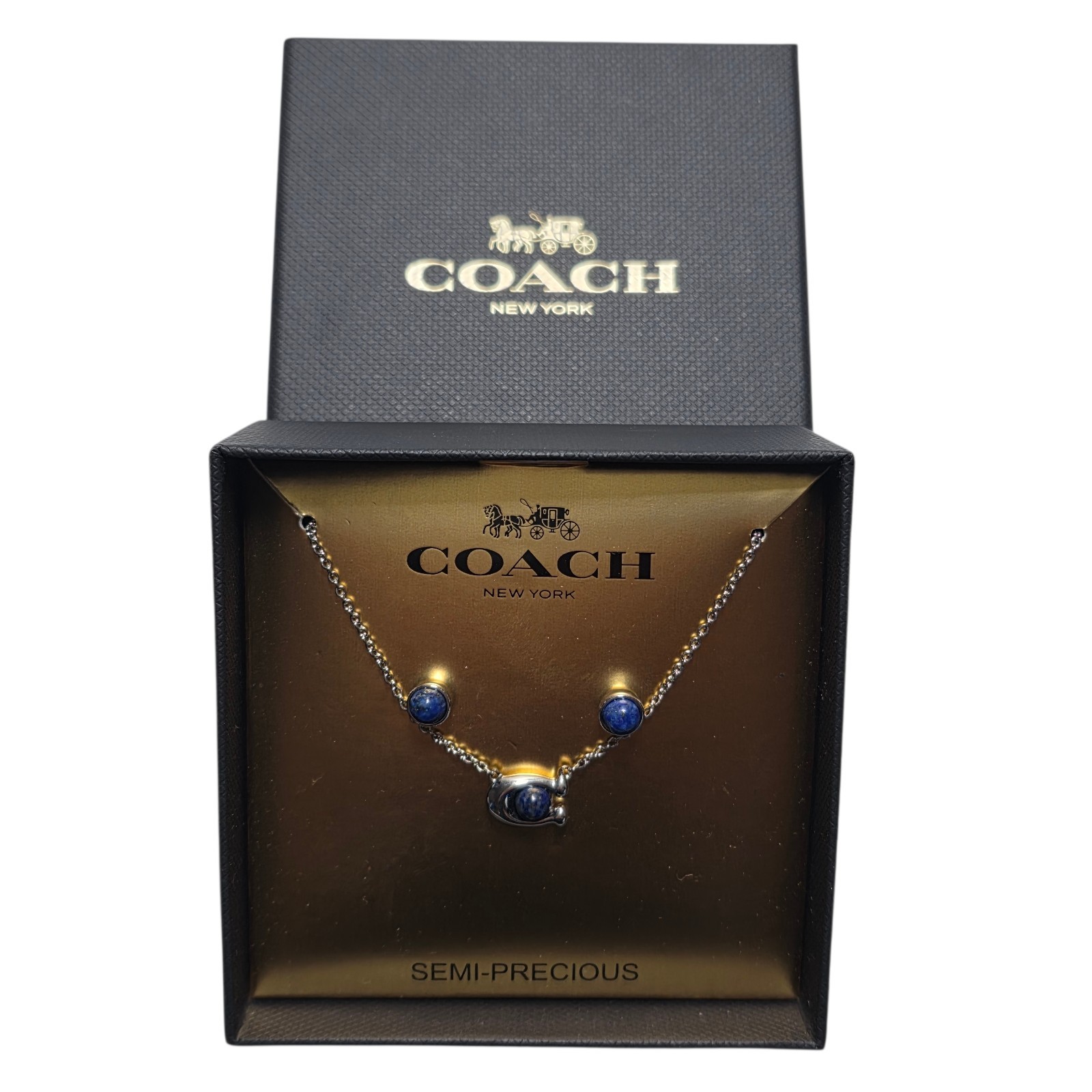 Coach Women’s Blue Semi Precious Stone Necklace Earrings Set Boxed NIB