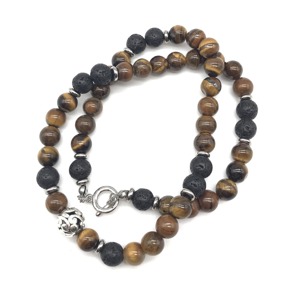 Men’s 8mm Natural Tiger Eye Lava Bead Necklace Stainless Steel Toggle 18/20/24″S