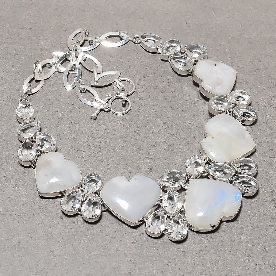 Rainbow Moonstone White Topaz Gemstone Necklace Handmade Jewelry 18″ PT 4102