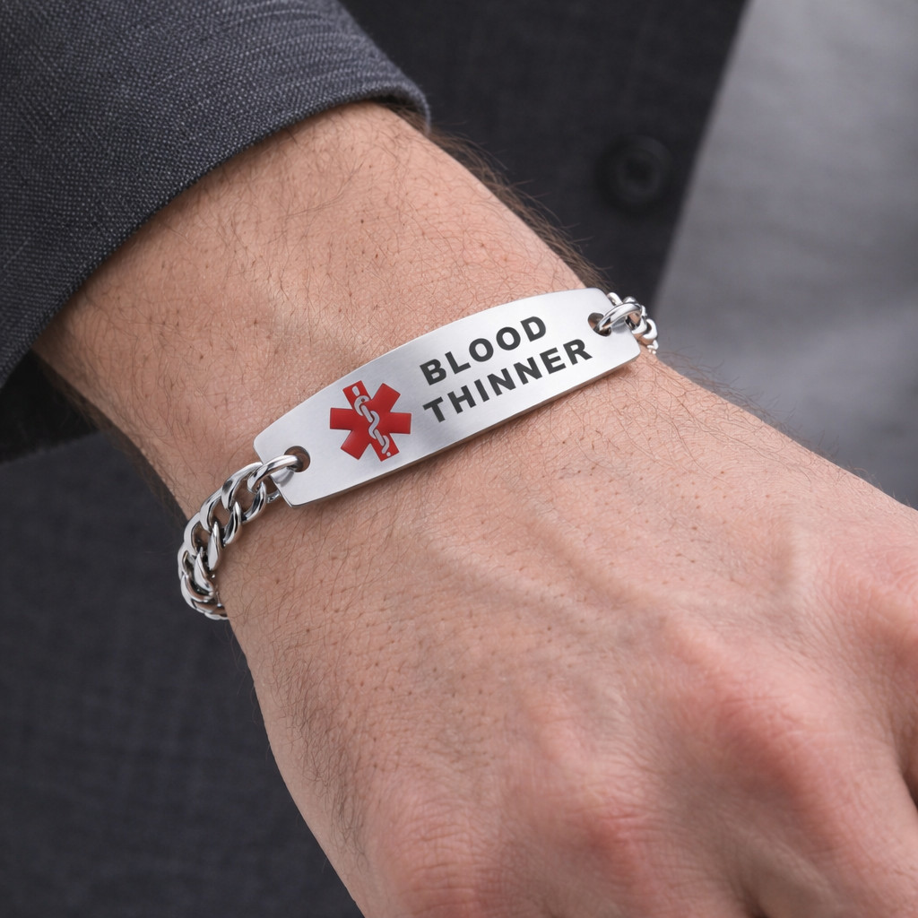 Blood Thinner Mens Medical Alert ID Bracelet Stainless Steel 22cm Large