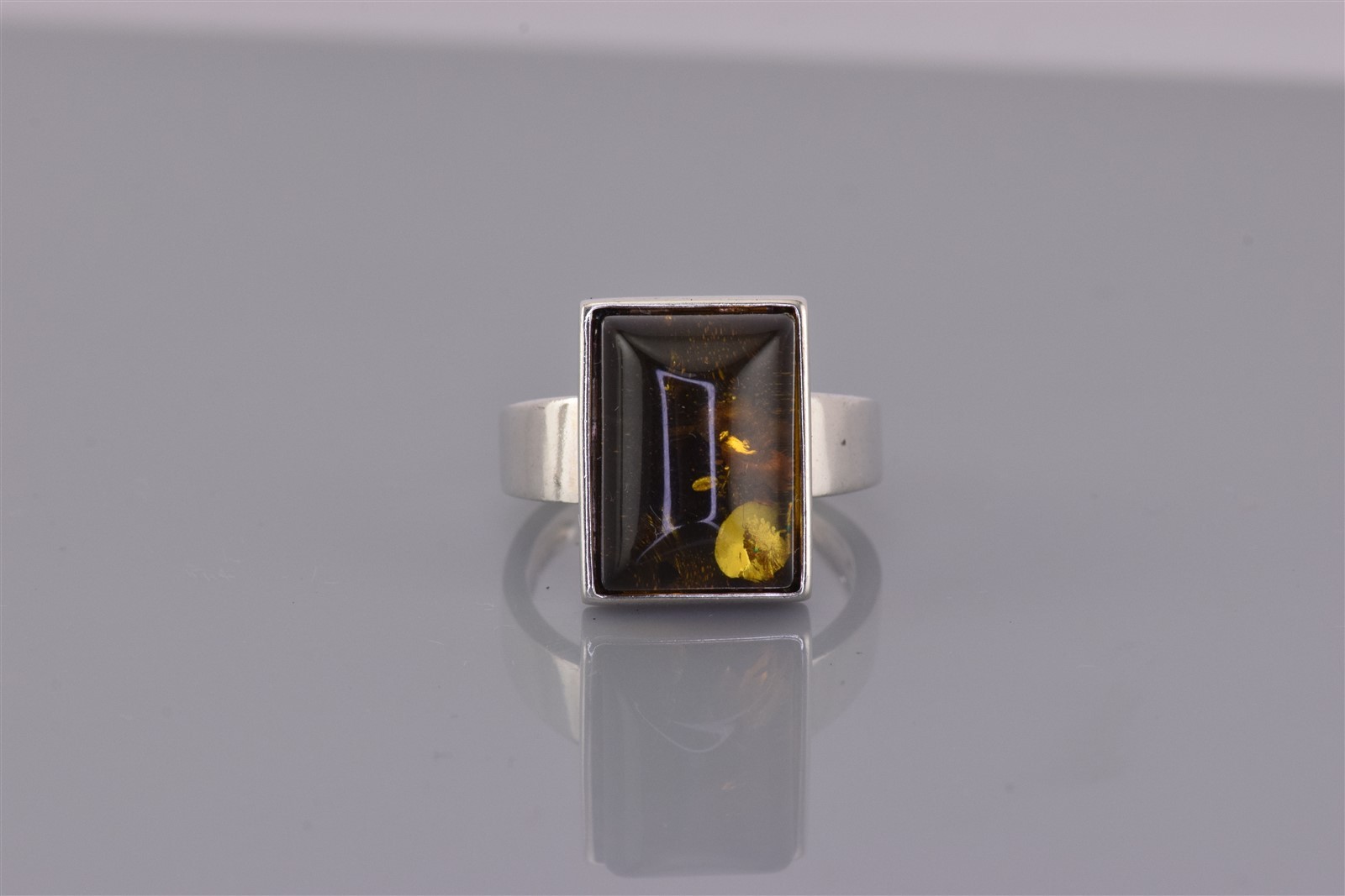 Sterling Silver 15mm Framed Rectangular Domed Amber Band Ring 925 Sz: 6
