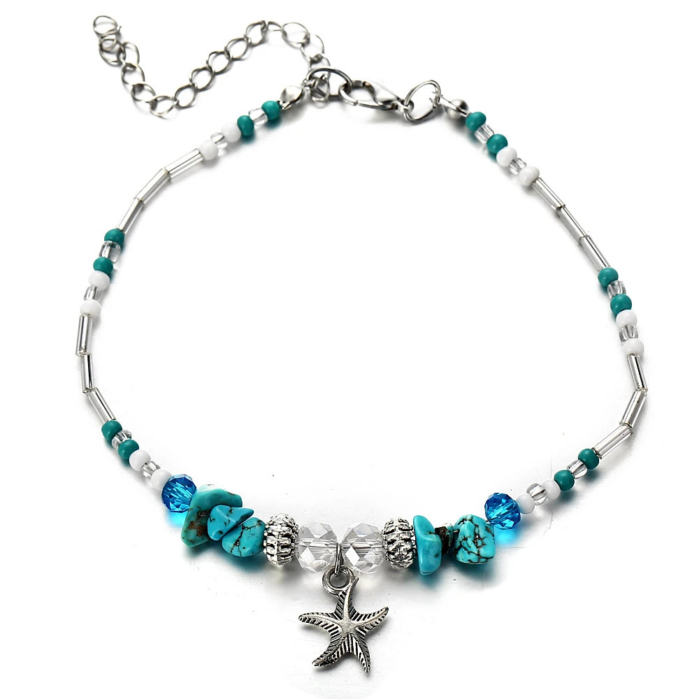 Vintage Starfish Pendant Anklets Stone Beads Ankle Women Summer Beach Handmade B