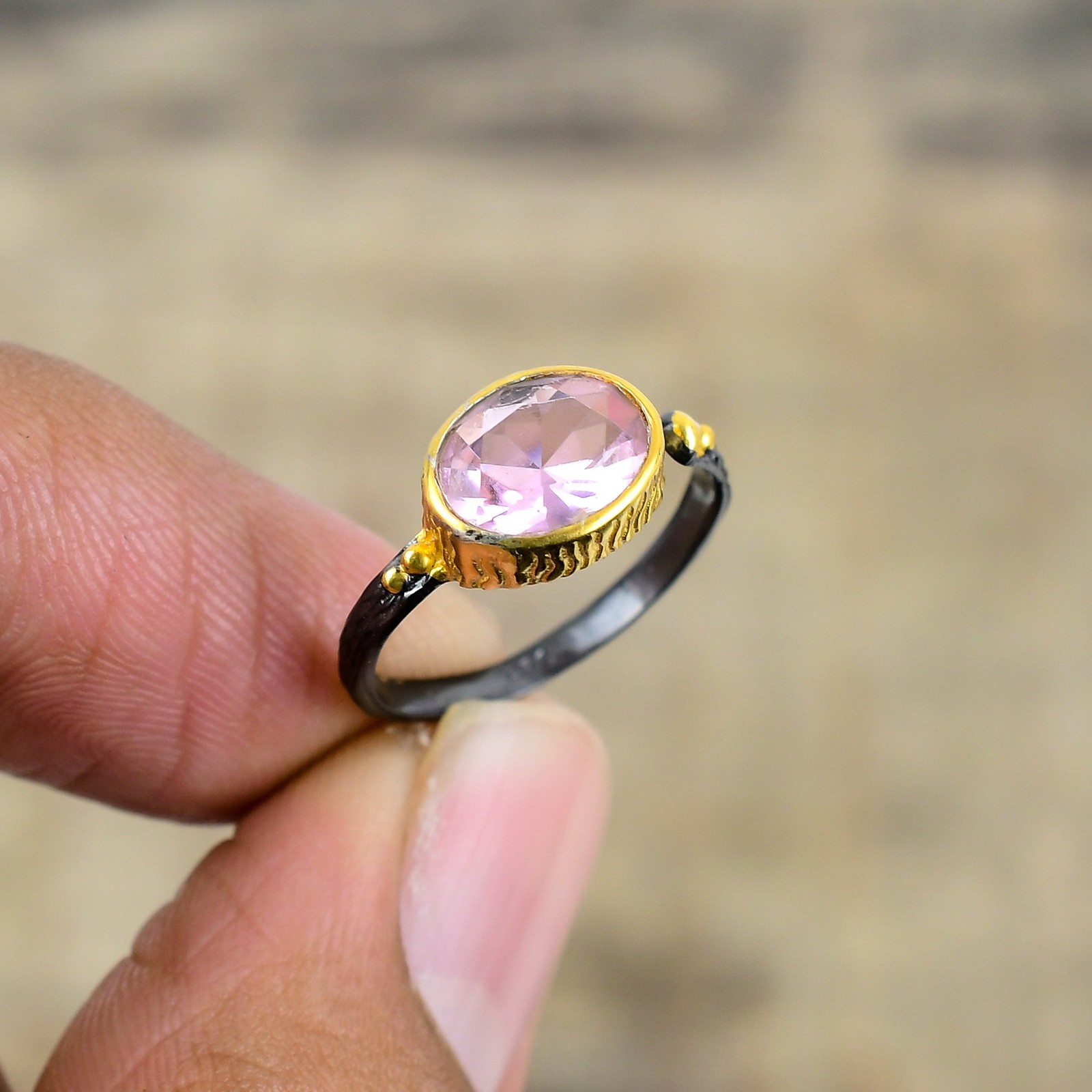 Pink Kunzite Black And Gold Plated 925 Sterling Silver Ring S.Adjustable R87125