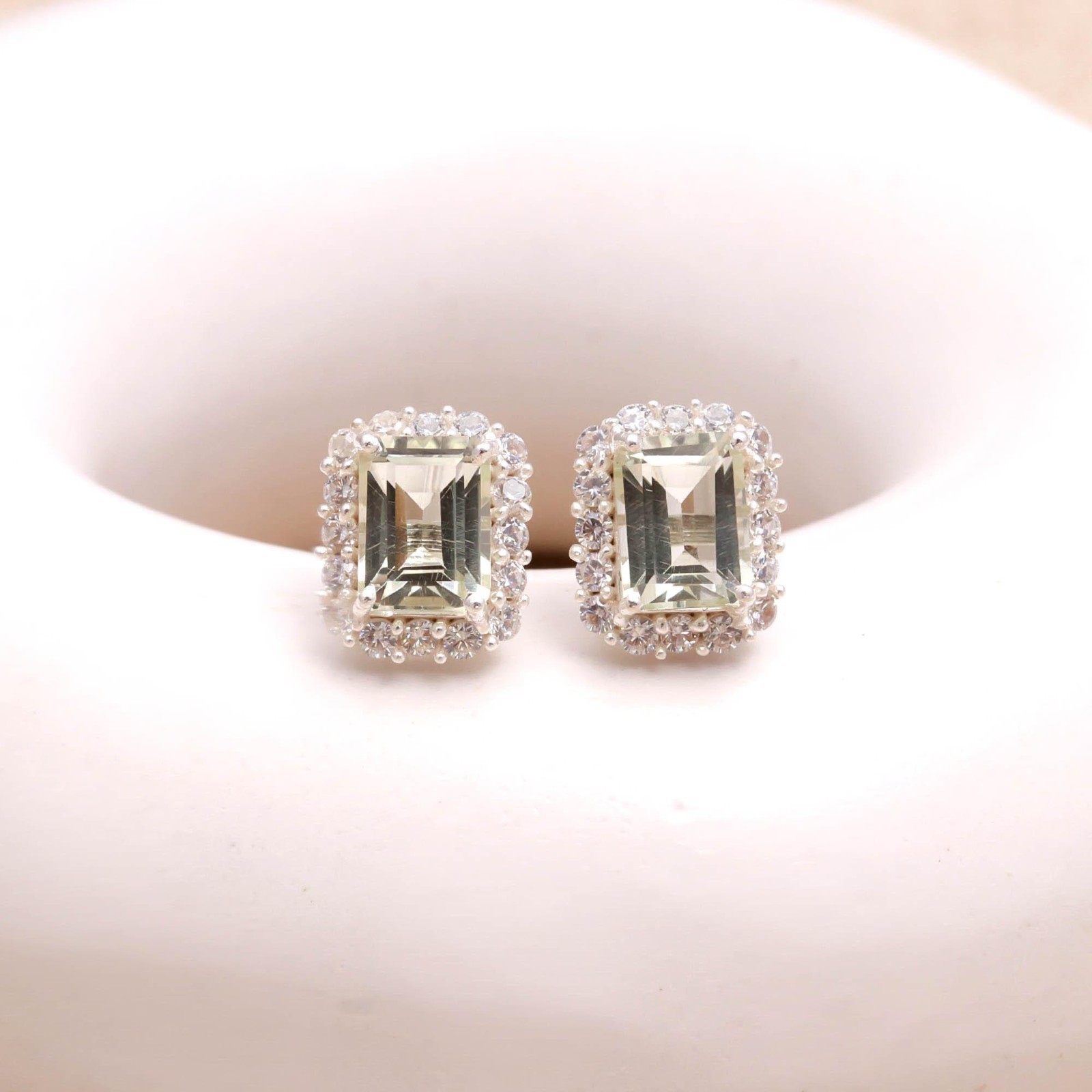 Natural Green Amethyst Octagon Stud Earrings Solid Silver Moissanite Jewelry