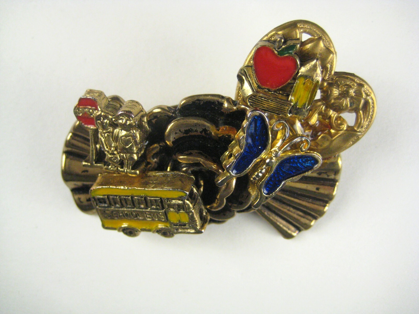 School Bus Teacher Flower Butterfly Brooch 2.4 In Goldtone Women Estate Pin