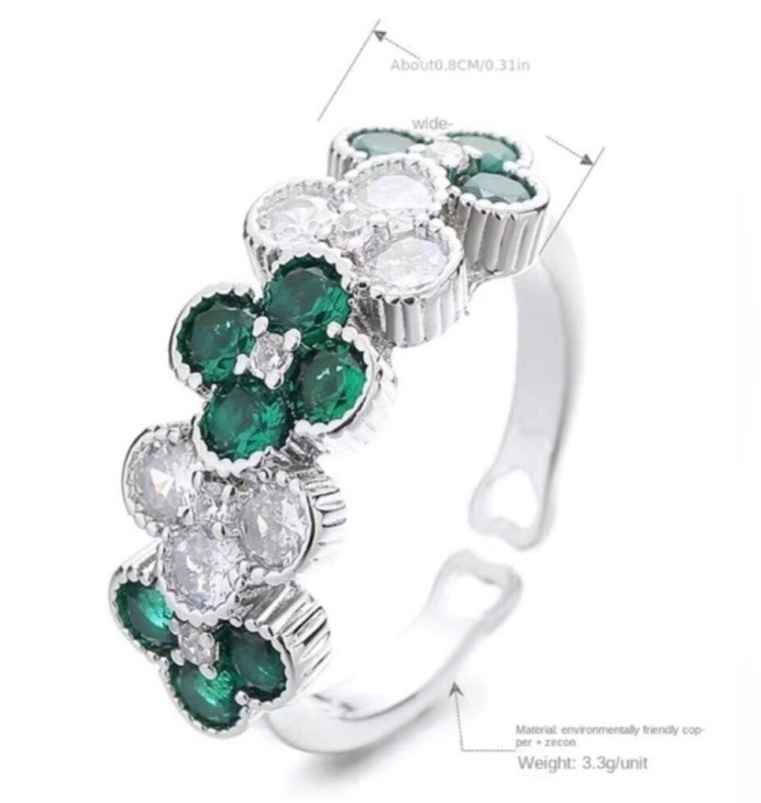 Women Synthetic Zircon Green Clover Open Ring Four-leaf Lucky Shamrock Size 6
