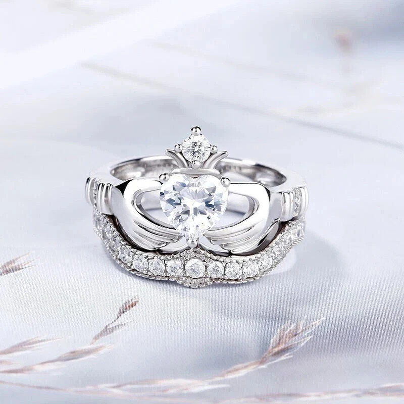 1.50Ct Heart Cut Moissanite Crown Claddagh Engagement Ring 925 Silver Plated