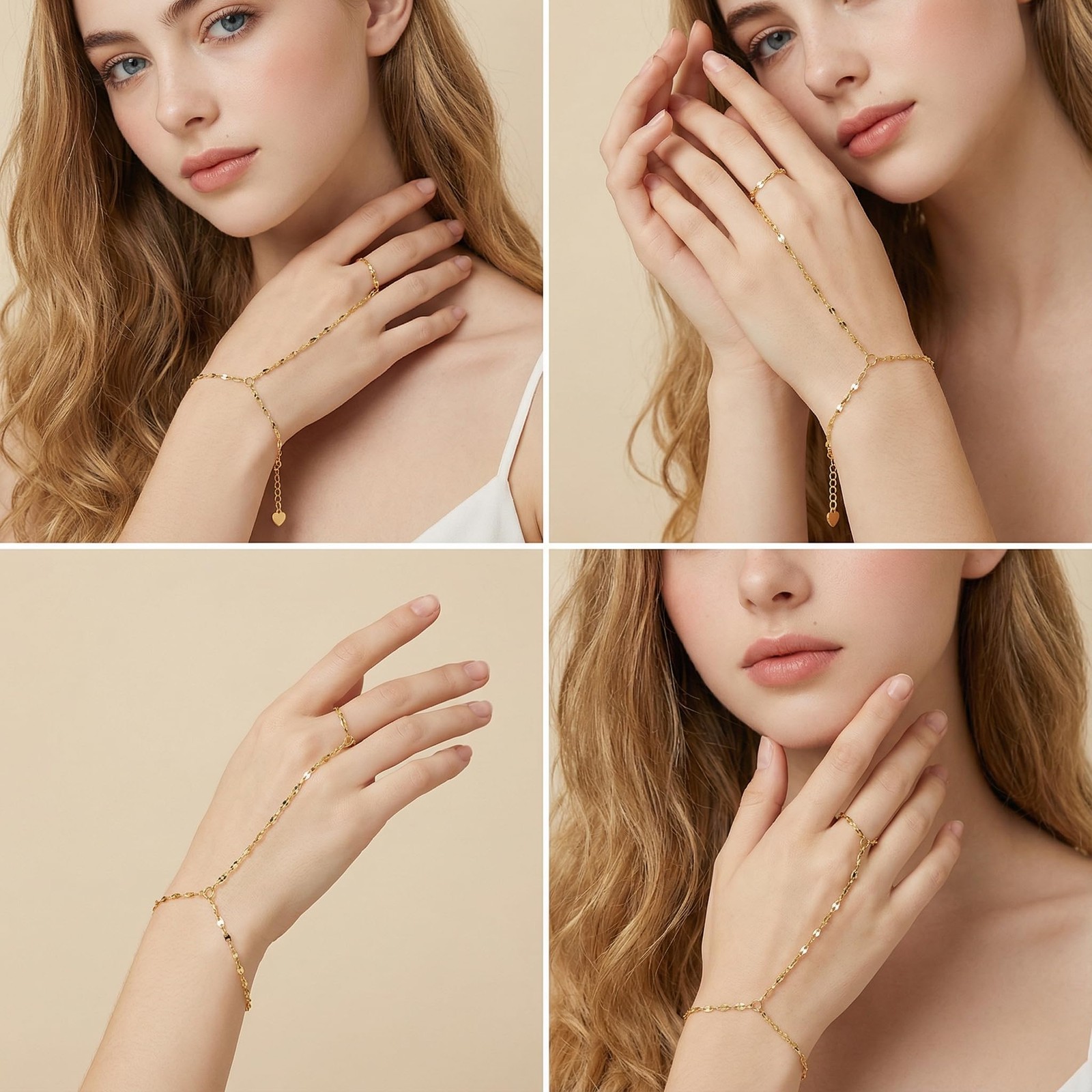 14K Gold Bracelets for Women 14K Gold Hand Chain for Women Rings Bracelet Han…