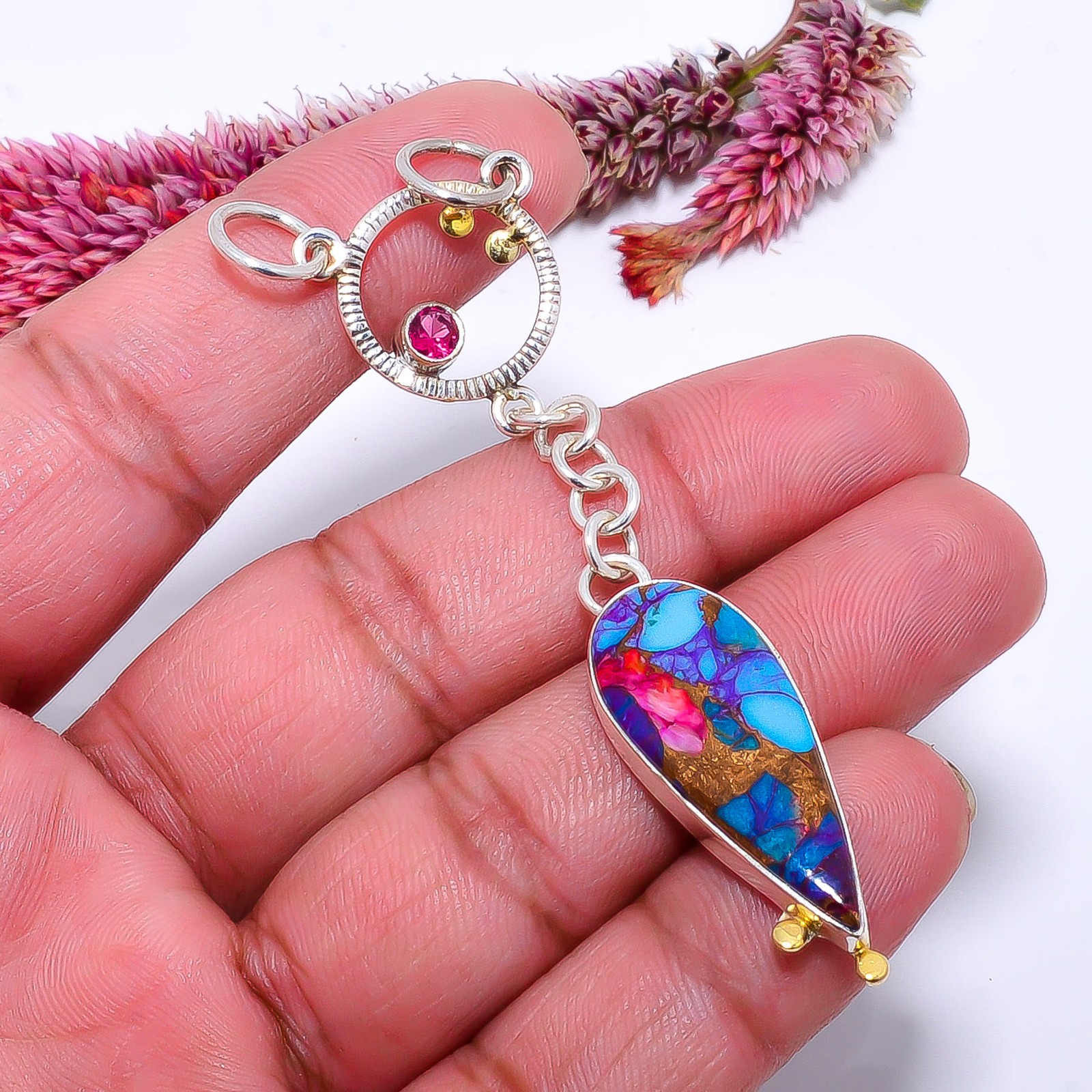 Copper Purple Turquoise & Pink Tourmaline 925 Silver Pendant 2.93″ P10371114632