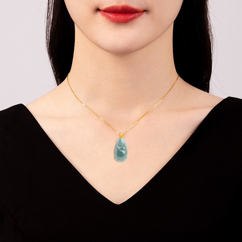China Natural Jade Jadeite Carving Maitreya Buddha Blessing Pendant Necklace