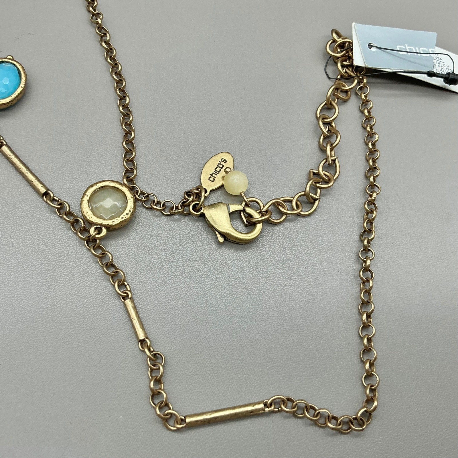 Chico’s Necklace Gold Tone Multicolor Faux Stone Station Chain Statement 34″