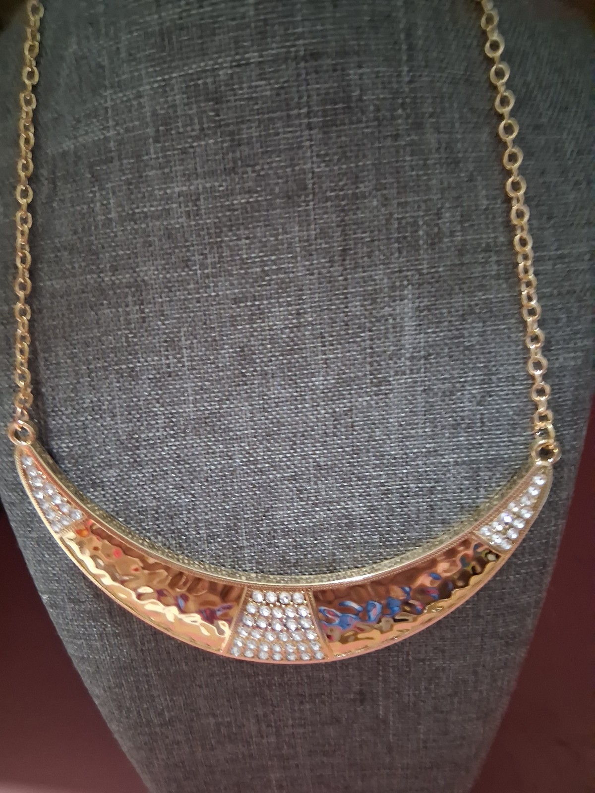 Gold Tone Crescent Pendant Statement Necklace Clear Crystal Rhinestones Pavé