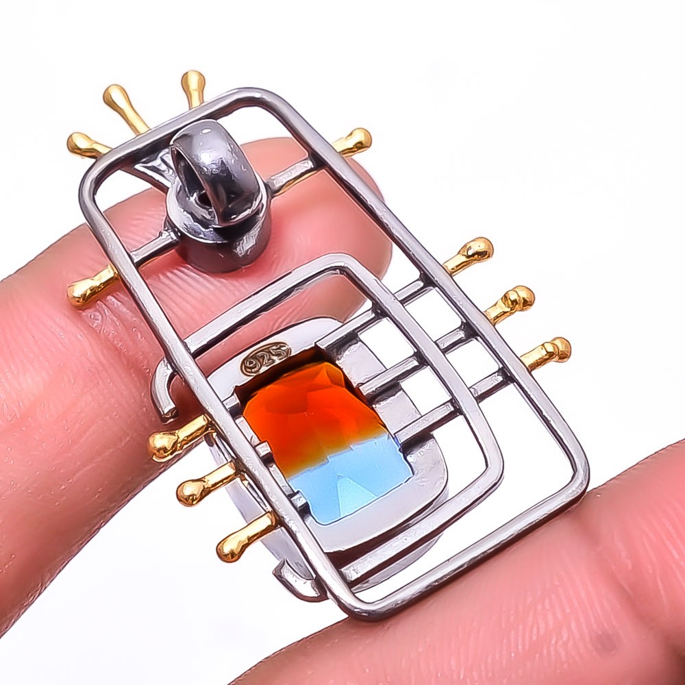 Bi-Colour Tourmaline Black And Gold Plated 925 Silver Pendant 1.56″ P51840041