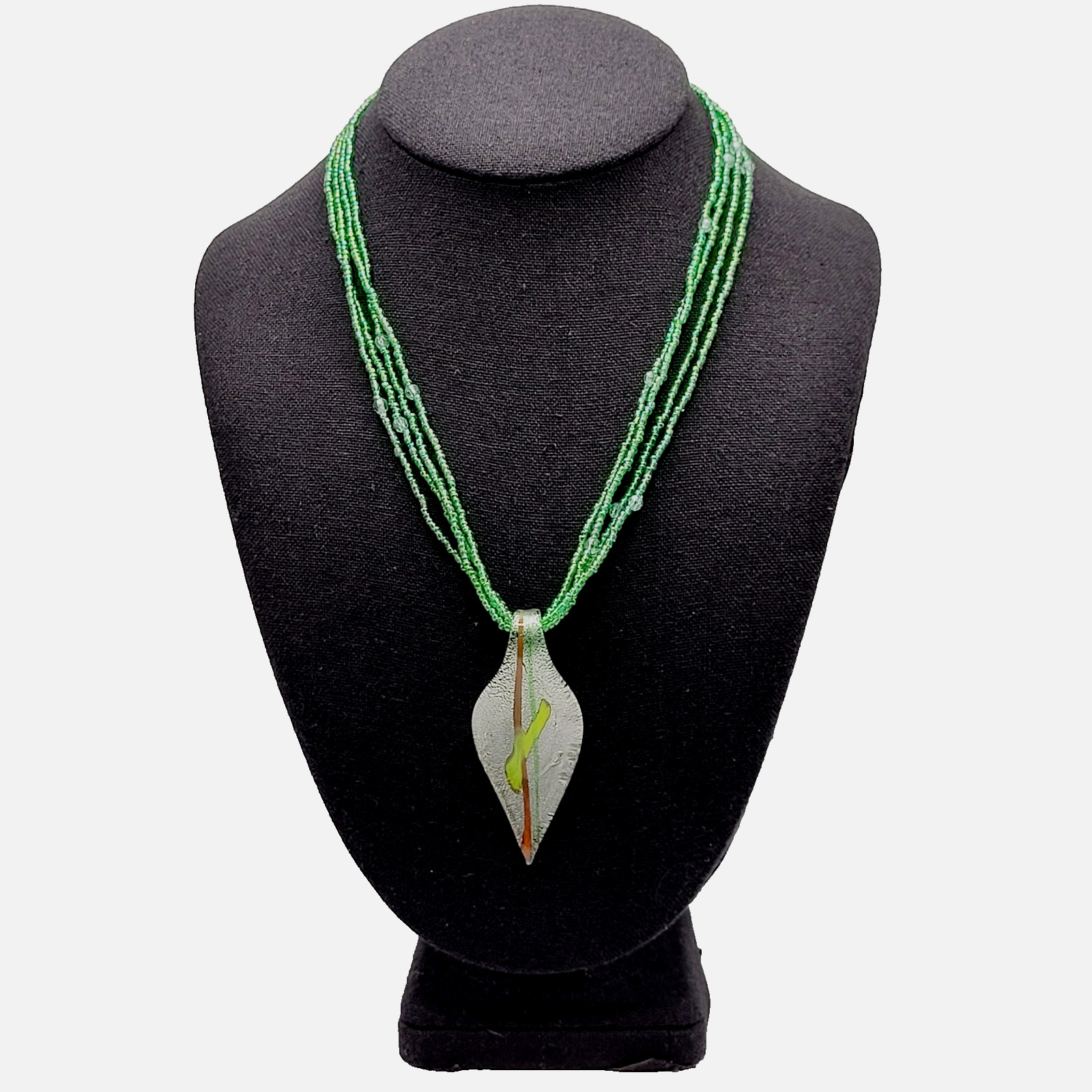 Green Art Glass Pendant Iridescent Seed Bead Multi Strand Necklace Vtg Y2K Era