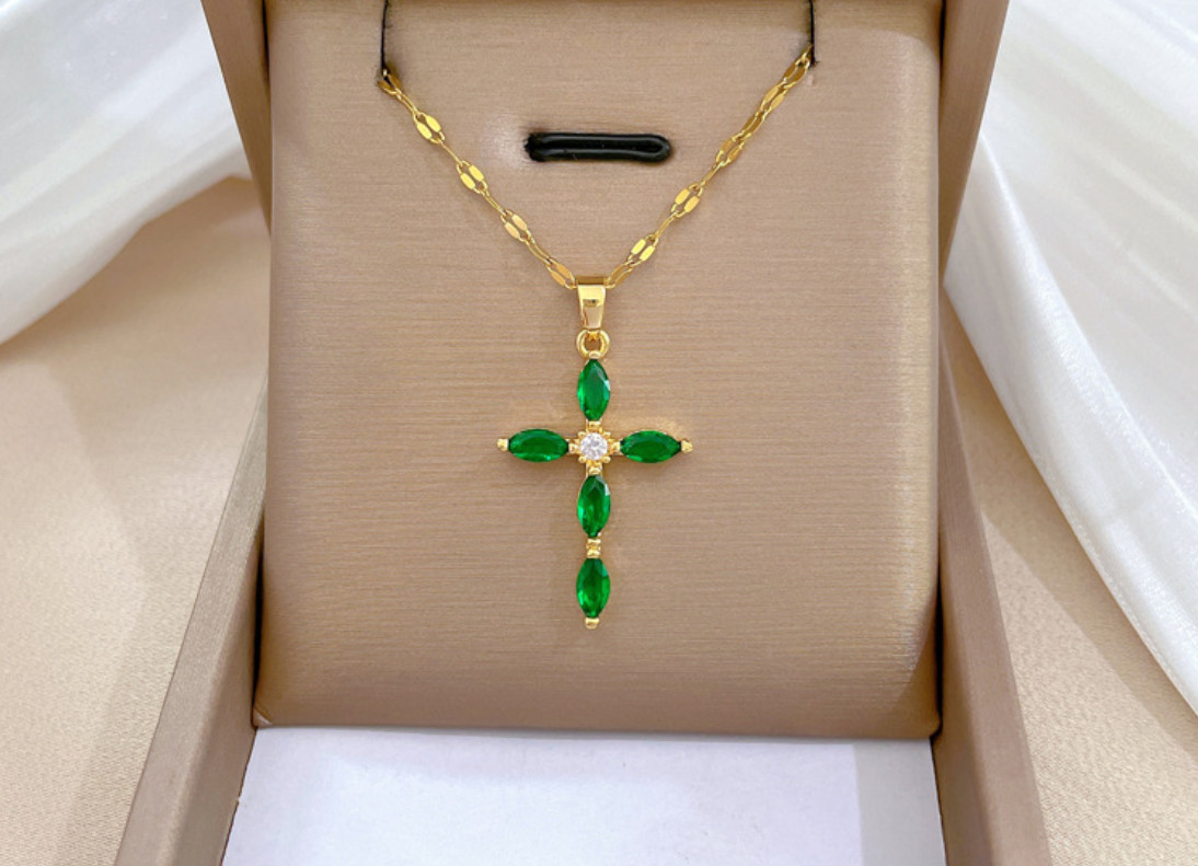 Women 18K Gold Stainless Steel Pink Green CZ Cross Pendant Necklace w Chain AG