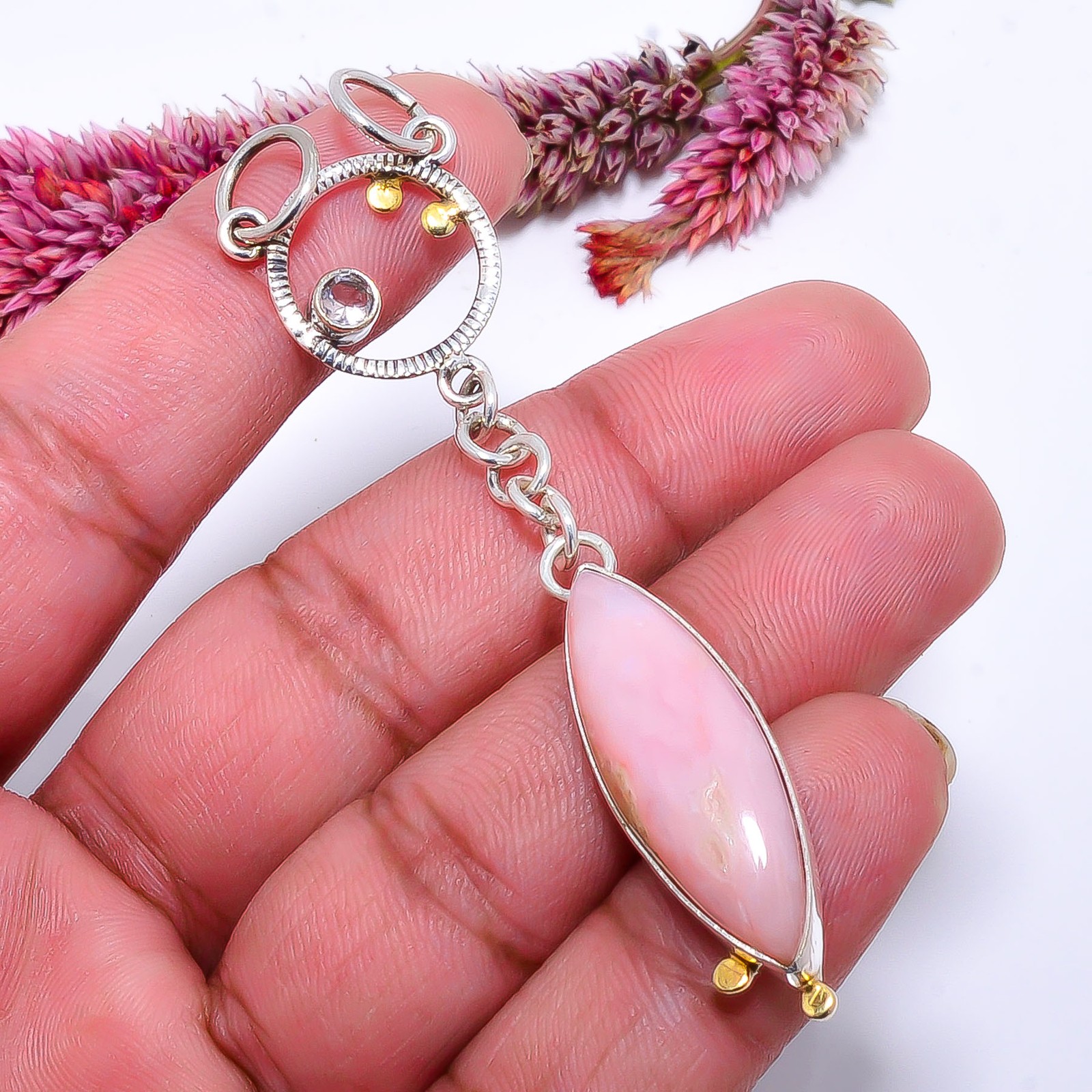 Pink Opal – Peru & Pink Kunzite 925 Solid Silver Two Tone Pendant 2.89″ P1037118
