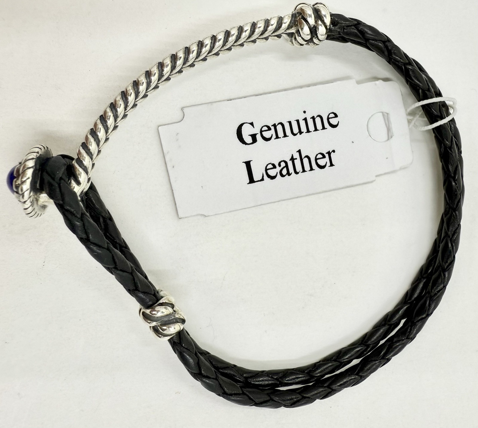 CAROLYN POLLACK AW STERLING 925 BLUE LAPIS & BLACK LEATHER BRACELET (T610)