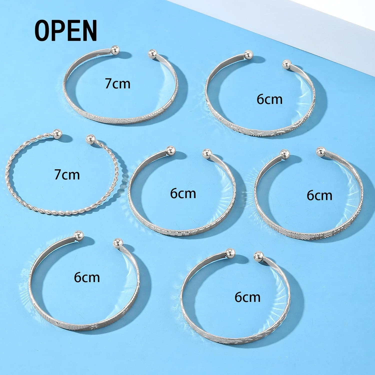7 Piece Silver Bangle Bracelets Set For Women Adjustable Stackable Cuff Jewelry