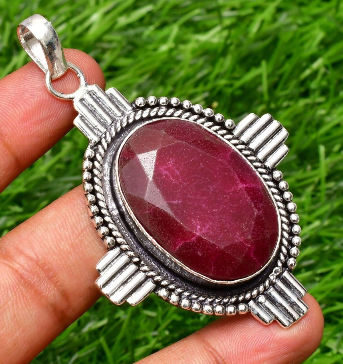 Ruby(Lab-Created) Gemstone 925 Sterling Silver Handmade Jewelry Pendant 2.10″