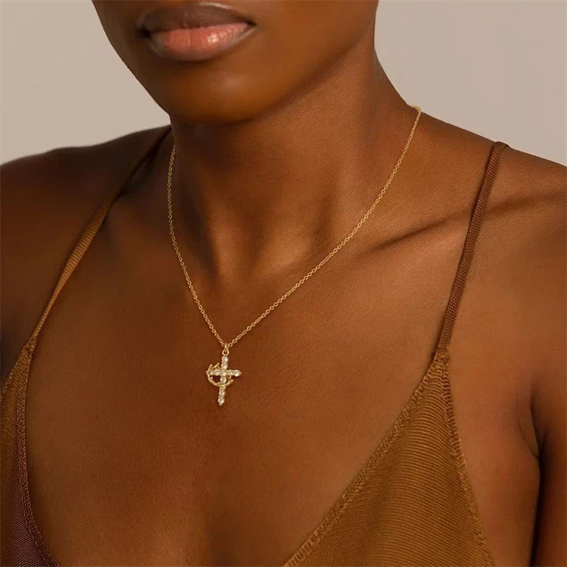 Trendy Crown Cross Necklace for Women Gold Plated Pendant with Cubic Zirconia