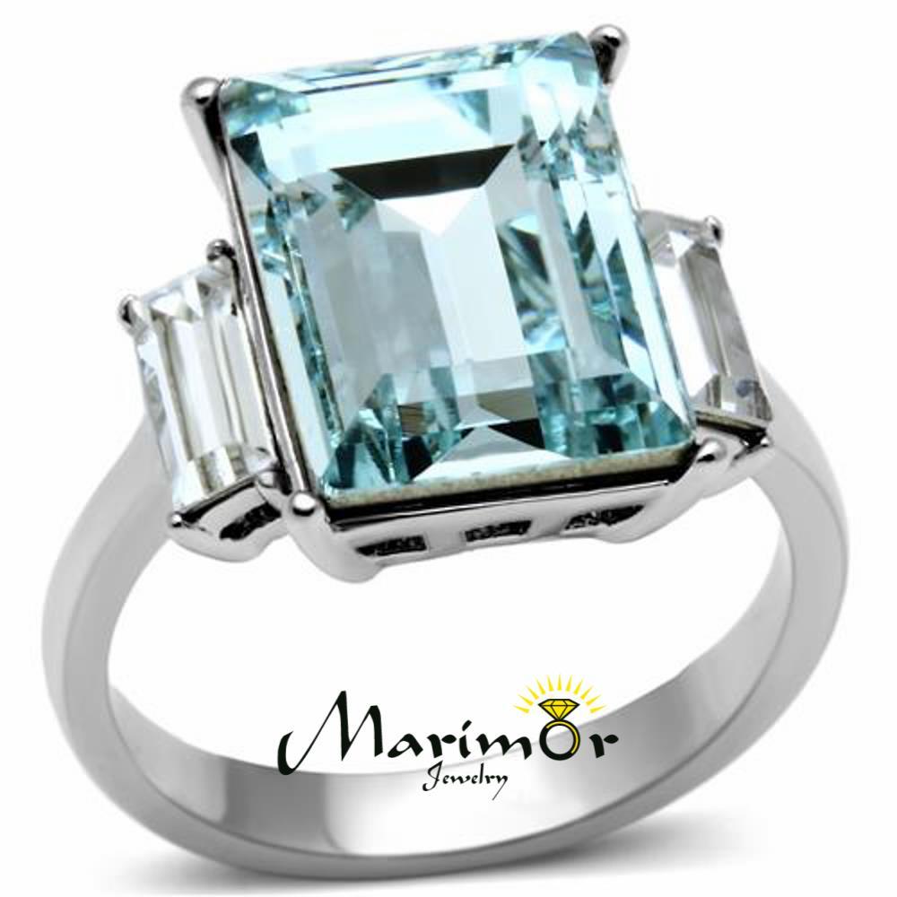 Women’s 10.6 Ct Radiant Cut Sea Blue Crystal Stainless Steel Engagement Ring