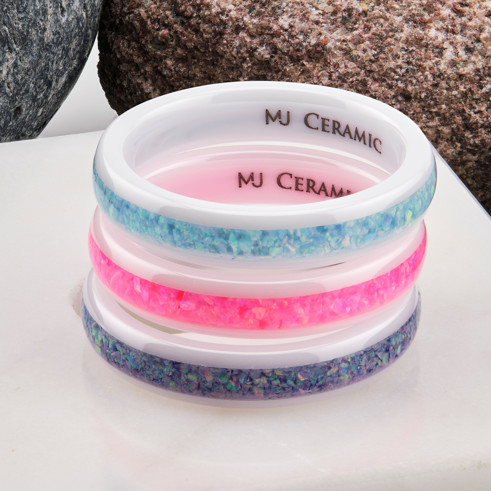 White Ceramic rings Rainbow, Lavender, or Pink Mimosa Opal inlay comfort fit 4mm