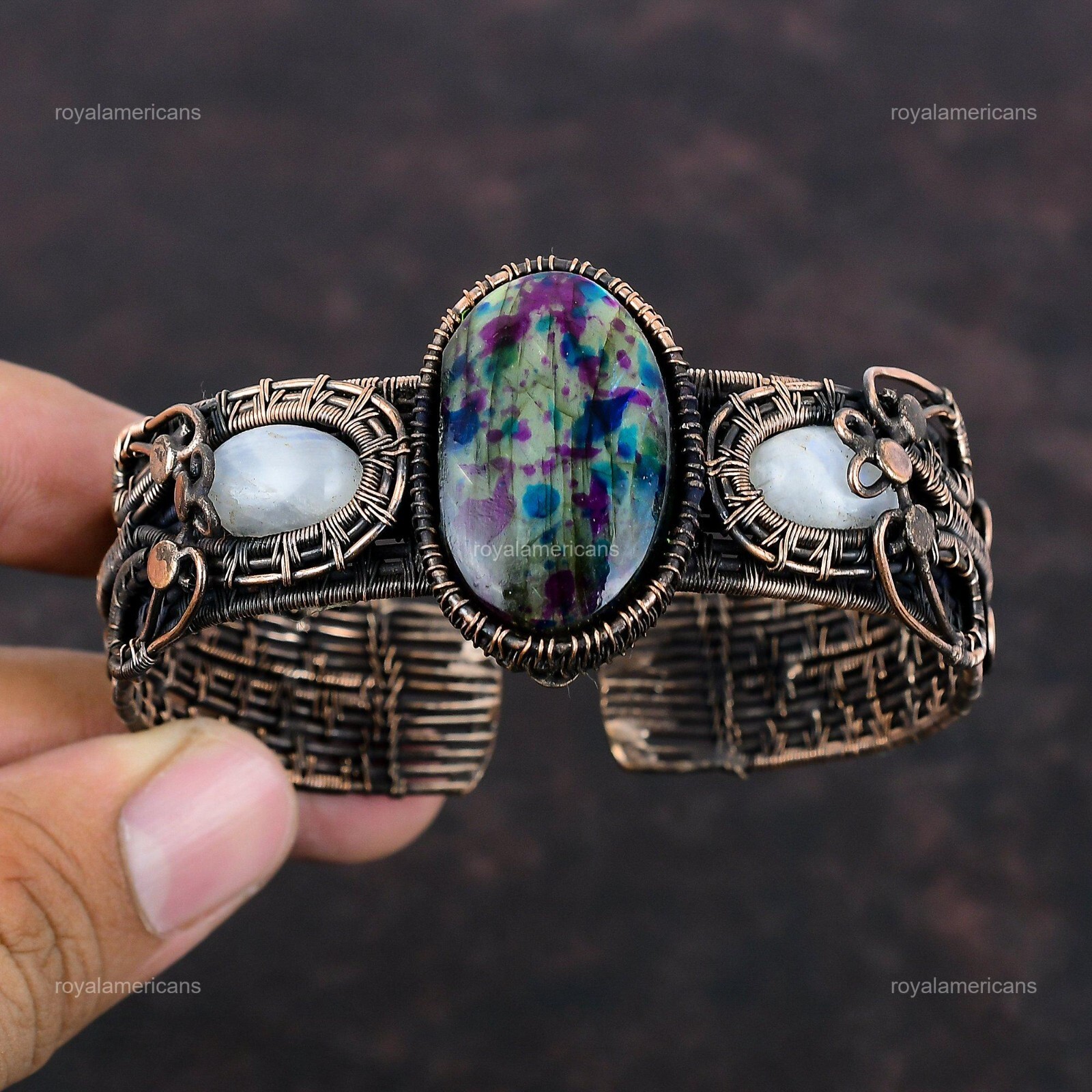 Natural Multi Fire Labradorite Rainbow Moonstone Art Deco Bangle Bracelet Copper